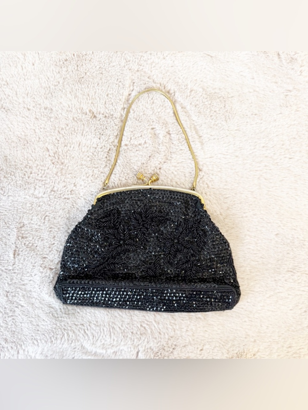 VINTAGE 1950’s Black Beaded Silk Bag Made in Hong Kong